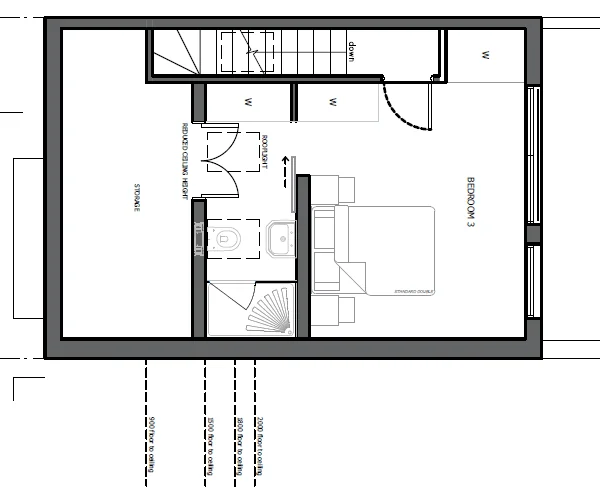 Proposed loft floor plan showing a bedroom, shower room, stair and storage, with lines marking floor-to-ceiling heights of 900, 1500, 1800 and 2000mm, Wimbledon, London