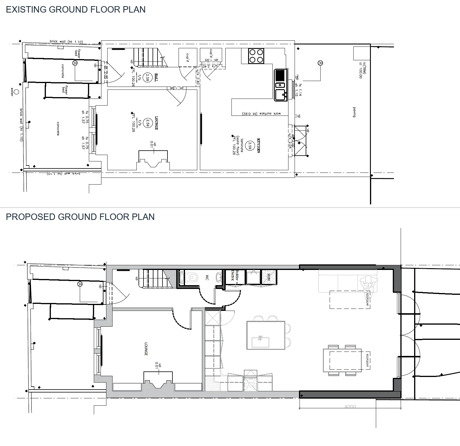 Existing and proposed ground floor plans showing the rear kitchen extension, Wimbledon
