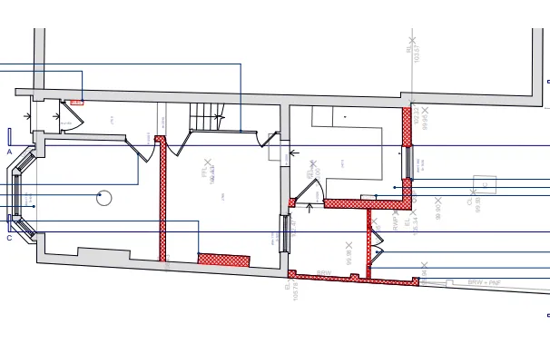 Existing ground-floor plan of a Victorian end terrace before the works, showing the back addition and the side gap beside the boundary, Earlsfield SW17