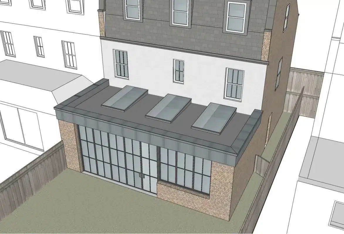 3D design visualisation of a full-width single-storey rear extension with three rooflights and steel-framed glazing, Wimbledon SW19
