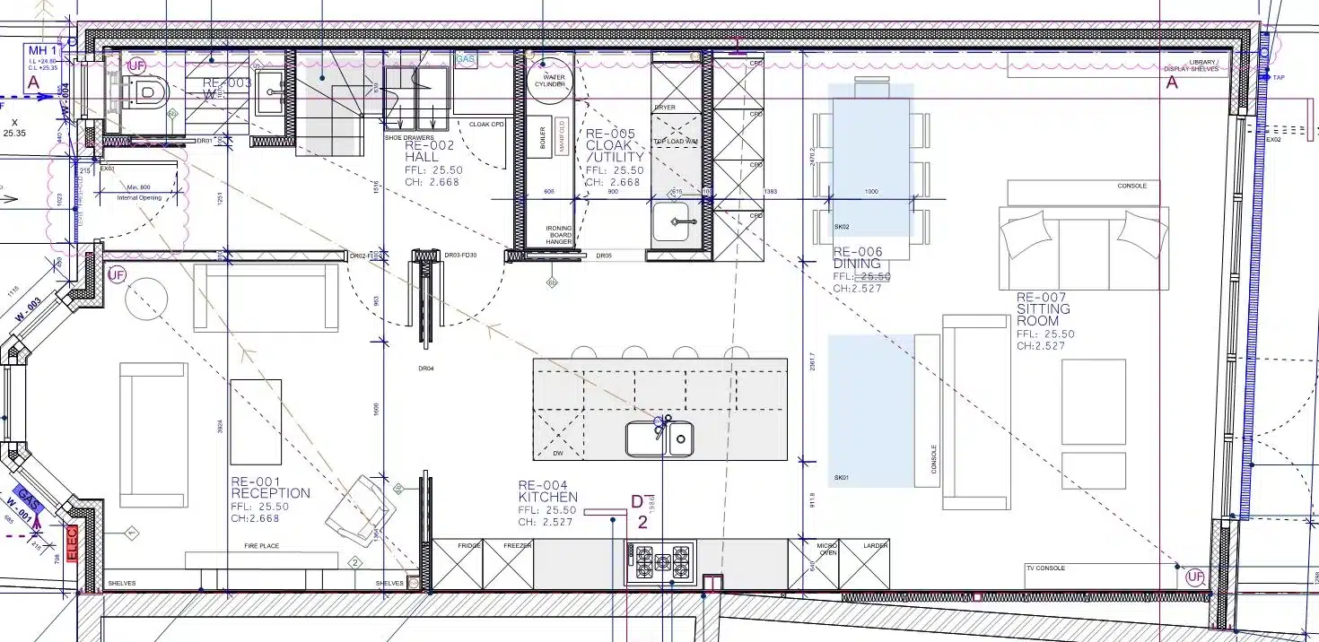 AURA tender drawing of a proposed ground-floor plan with kitchen, dining and sitting rooms