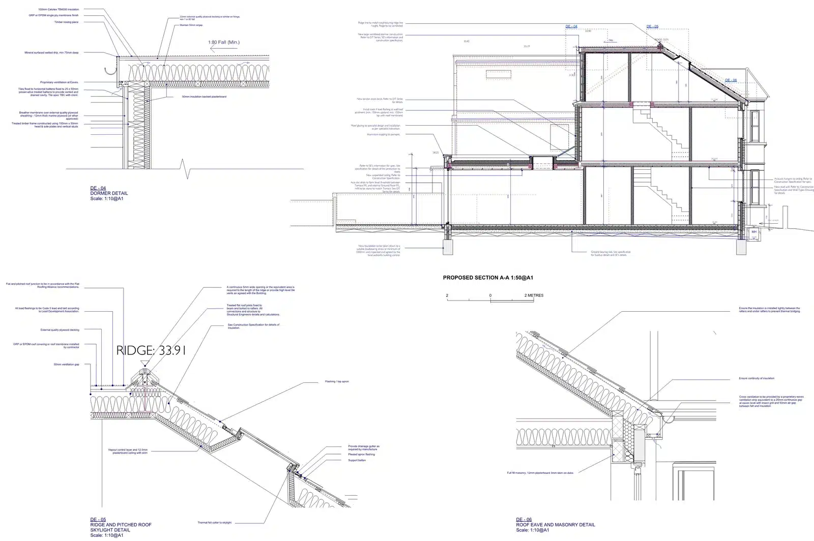 AURA tender drawing sheet showing a building section and roof construction details with written construction notes.