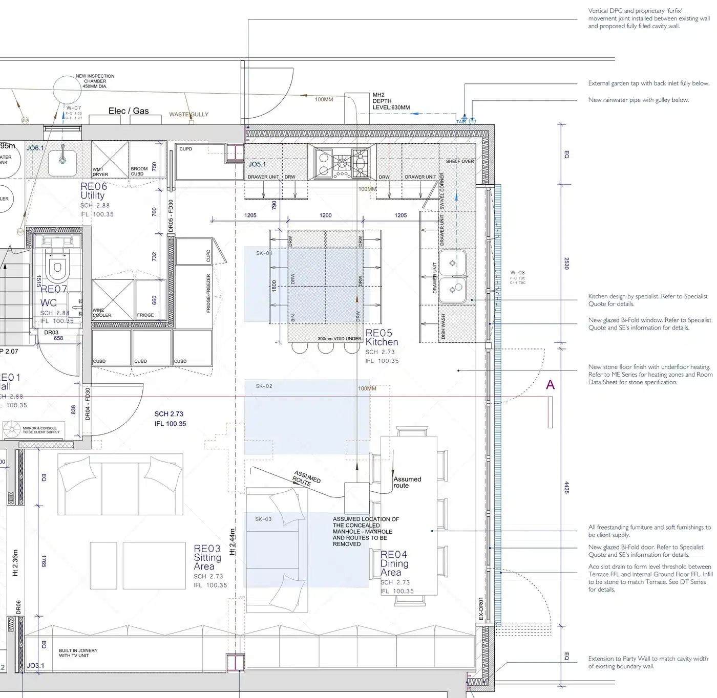 Part of the tender ground floor plan for a Wimbledon kitchen extension, with written notes on the party wall, the movement joint, the level threshold drain and an assumed concealed manhole.