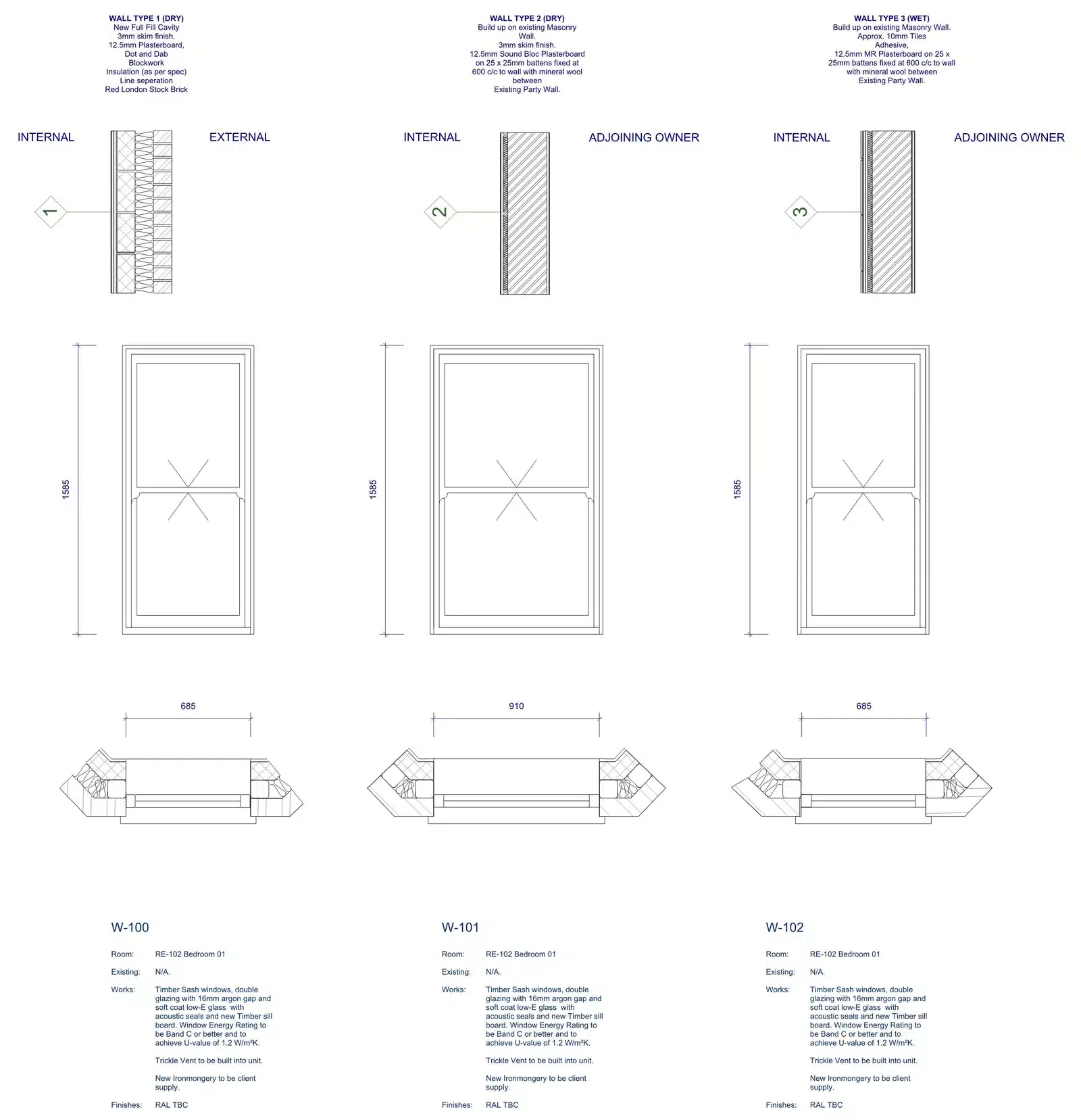 Two AURA tender sheets stacked: wall build-ups with written specifications, and timber sash window drawings with a written specification for each.