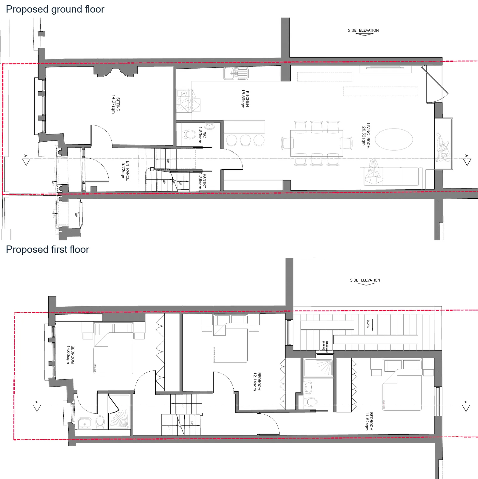 Proposed ground floor and first floor plans of a Victorian terrace rear extension, with first-floor bedrooms above the extended ground floor, Balham